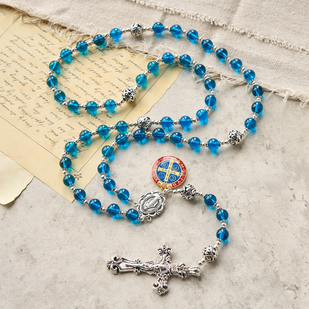 Christianartworkshop - Crocifisso artigianale in vetro blu trasparente con rosario, medaglia smaltata di San Benedetto e medaglia miracolosa. - image 2