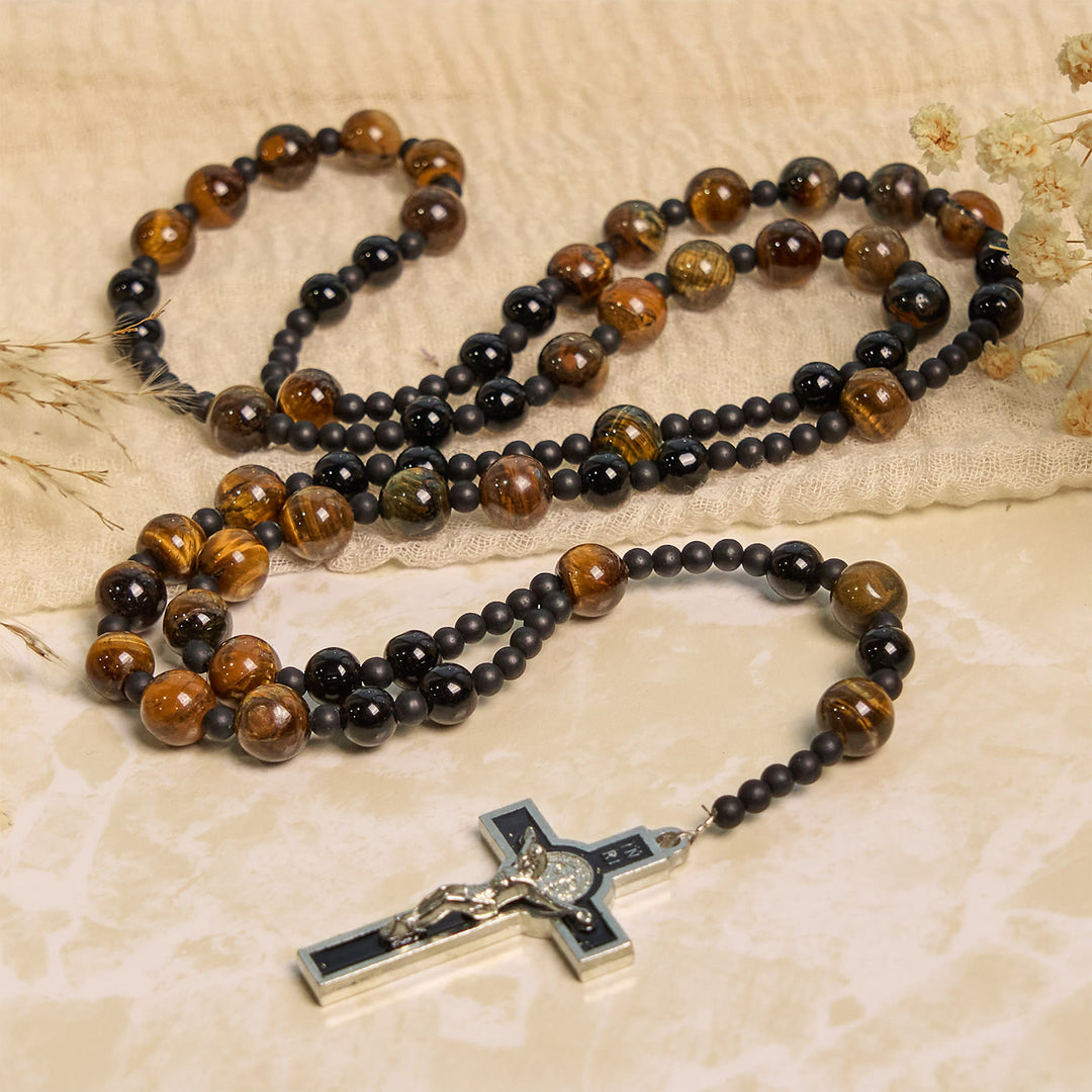 Rosario con perline in pietra occhio di tigre da 10 mm Christianartworkshop e crocifisso in smalto nero: abbraccia la sacralità terrena - image 5