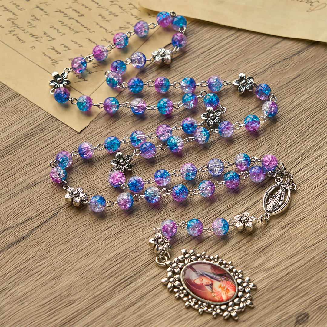 Christianartworkshop Rosario rotondo sfumato blu-viola da 8 mm con pendente floreale intagliato raffigurante la Madonna Addolorata, sette dolori - Rosario dei Sette Dolori - image 0