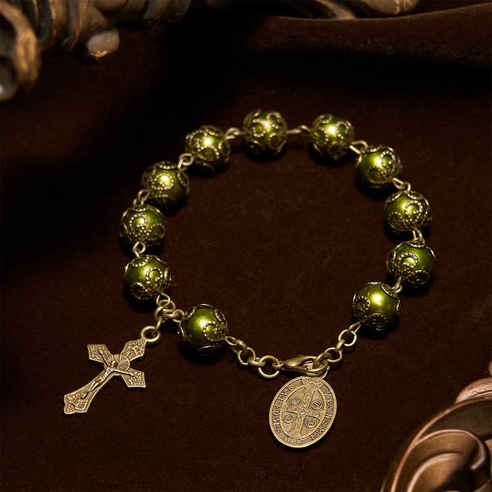 Perline verdigris opache Christianartworkshop con medaglia di San Benedetto in bronzo e bracciale con crocifisso: trova la pace nella sottile sacralità - image 1