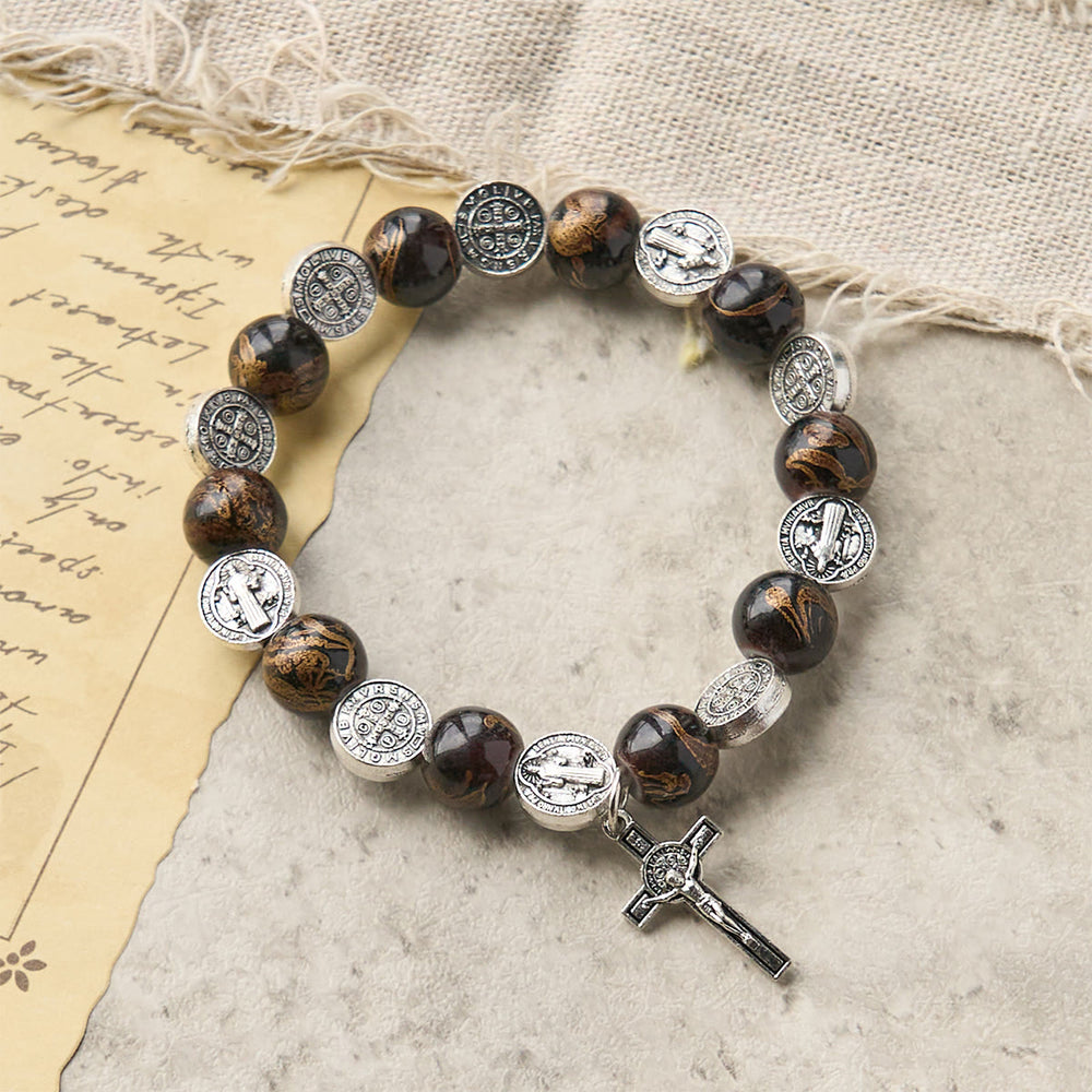 Christianartworkshop Bracciale con perline tricolore, medaglia di San Benedetto in argento e crocifisso: Divine Faith Artistry - Nero - image 1