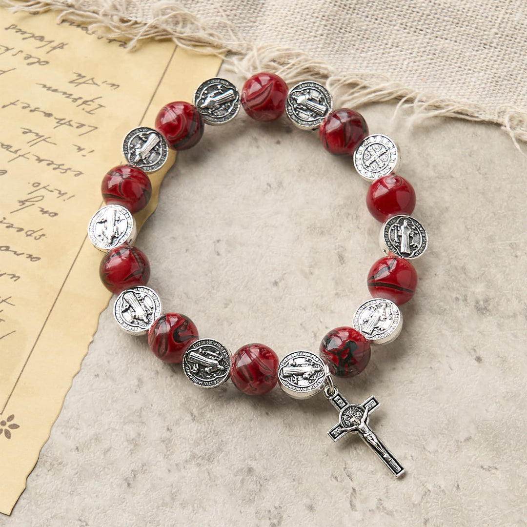 Christianartworkshop Bracciale con perline tricolore, medaglia di San Benedetto in argento e crocifisso: Divine Faith Artistry - Rosso - image 0