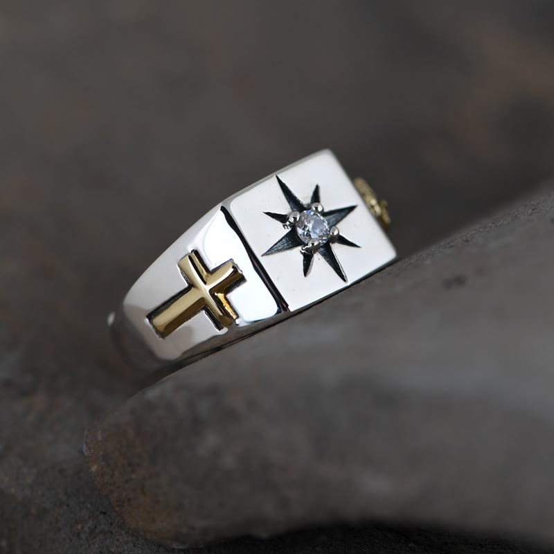 Christianartworkshop Croce e Vergine Maria con anello vintage regolabile in argento sterling 925 cubico bianco - image 1