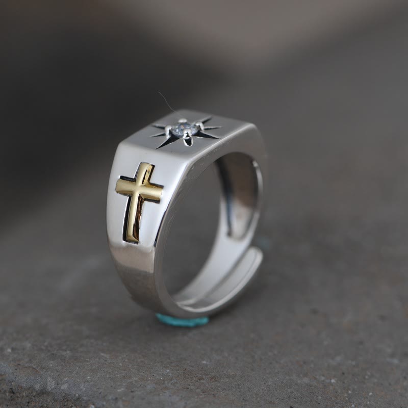 Christianartworkshop Croce e Vergine Maria con anello vintage regolabile in argento sterling 925 cubico bianco - Adatto per taglie USA 6.5-8.5 - image 0
