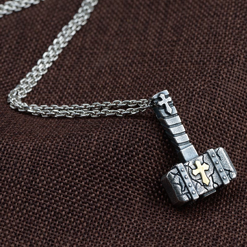 Collana con croce a martello in argento 925 Christianartworkshop : simbolo di fede robusto con bordo retrò - image 3