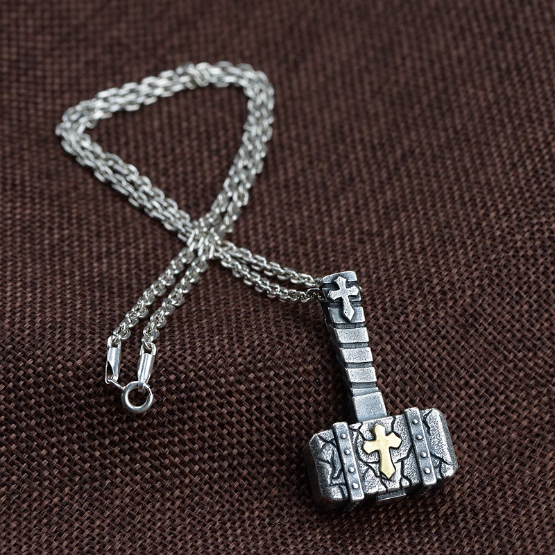 Collana con croce a martello in argento 925 Christianartworkshop : simbolo di fede robusto con bordo retrò - Argento sterling - image 0