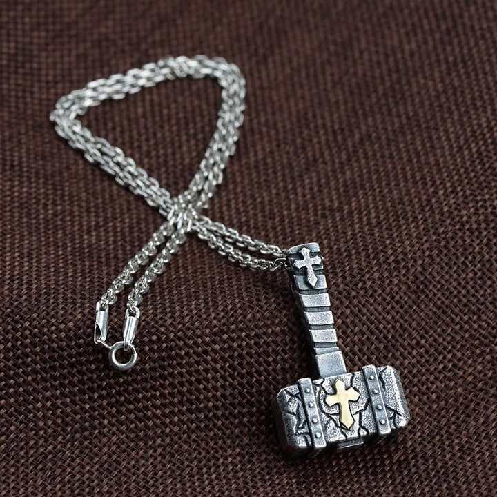 Collana con croce a martello in argento 925 Christianartworkshop : simbolo di fede robusto con bordo retrò - Argento sterling - image 0