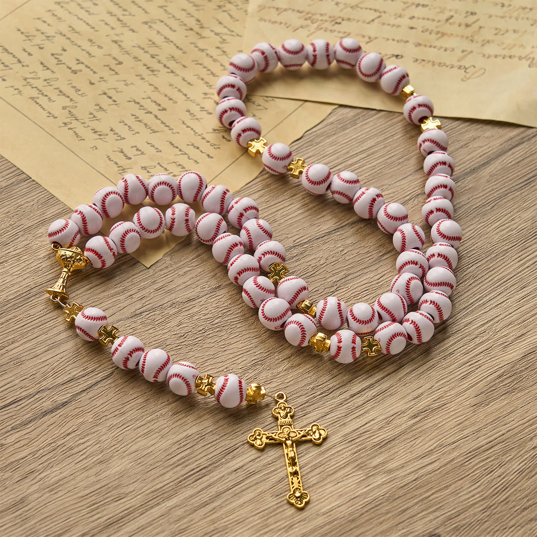 Christianartworkshop FEDE IN PREGHIERA: Rosario in miniatura con perline da baseball benedette, calice sacro dorato e crocifisso - image 6