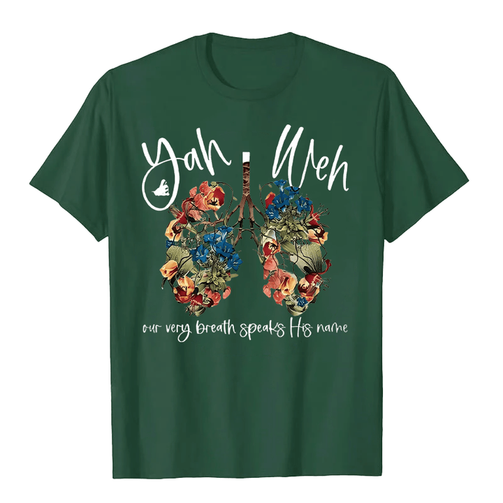 Christianartworkshop Il nostro stesso respiro pronuncia il suo nome Floral Lung Yahweh T-shirt unisex - Verde scuro - 2XL - image 7