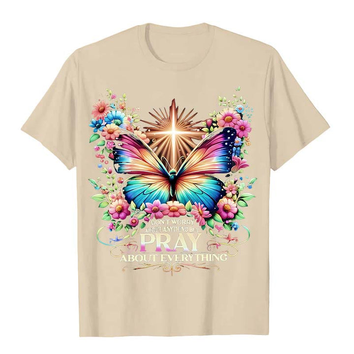 Christianartworkshop Maglietta unisex con farfalla e croce ispirate alla fede "Prega per tutto" - Beige - 2XL - image 4