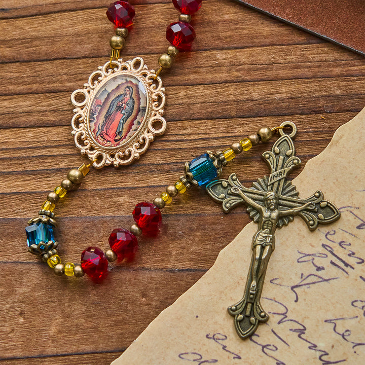 Christianartworkshop Rosario crocifisso della Madonna di Guadalupe in cristallo rosso fatto a mano in vetro ceco di Boemia - image 6