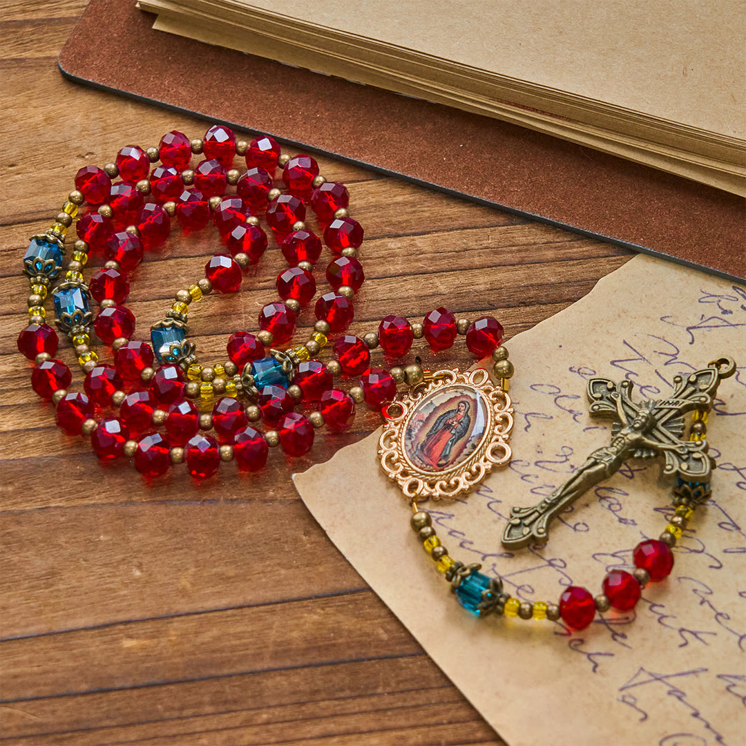 Christianartworkshop Rosario crocifisso della Madonna di Guadalupe in cristallo rosso fatto a mano in vetro ceco di Boemia - image 8