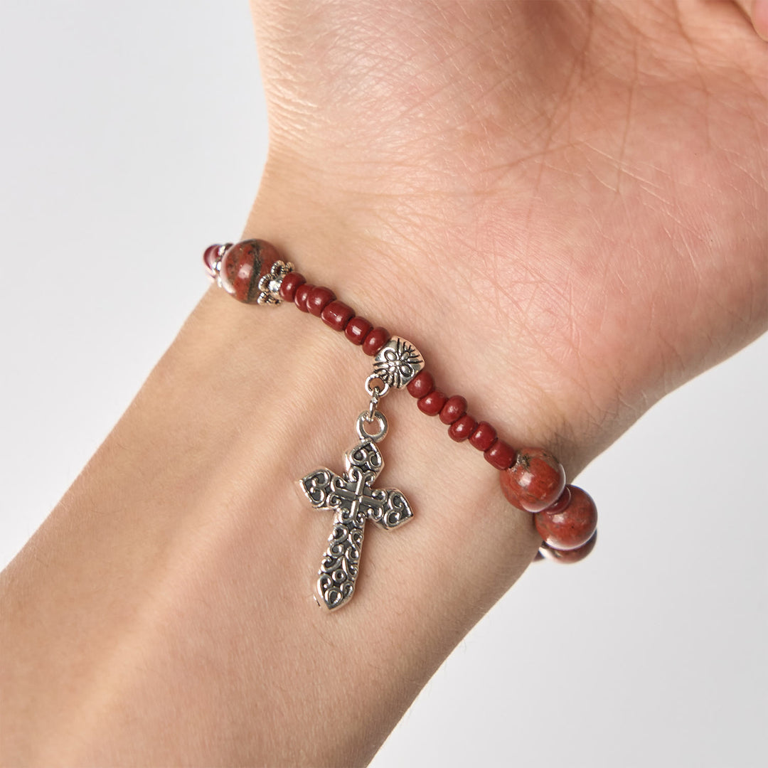 Bracciale rosario da una decina in pietra di sesamo rossa da 8 mm con medaglia miracolosa e croce Christianartworkshop - image 5
