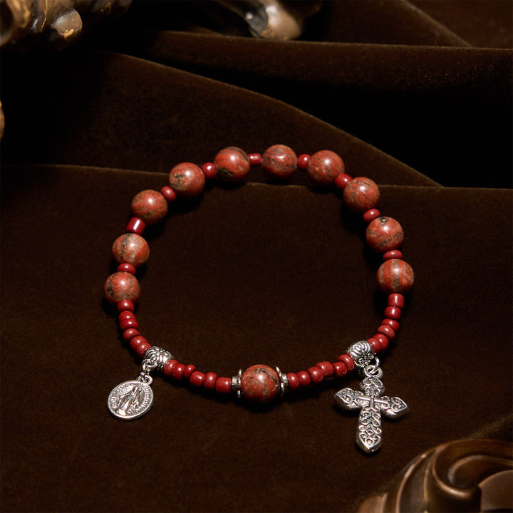 Bracciale rosario da una decina in pietra di sesamo rossa da 8 mm con medaglia miracolosa e croce Christianartworkshop - Pietra di sesamo rosso - image 0