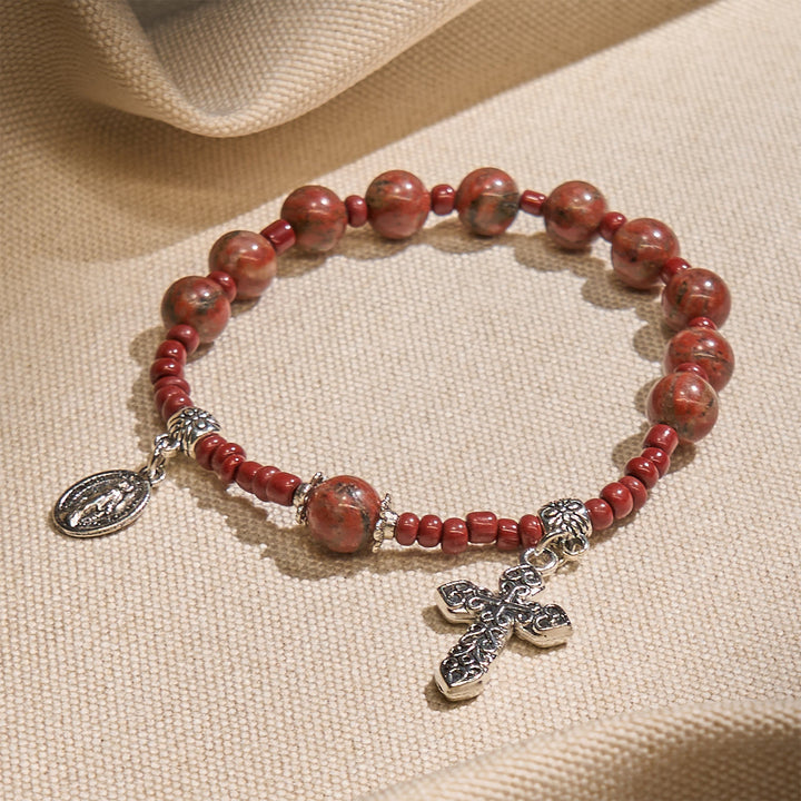 Bracciale rosario da una decina in pietra di sesamo rossa da 8 mm con medaglia miracolosa e croce Christianartworkshop - image 2