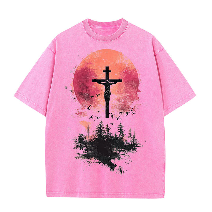 Christianartworkshop Divino Crocifisso su Paesaggio Naturale T-shirt unisex lavata - Rosa - 5XL - image 7