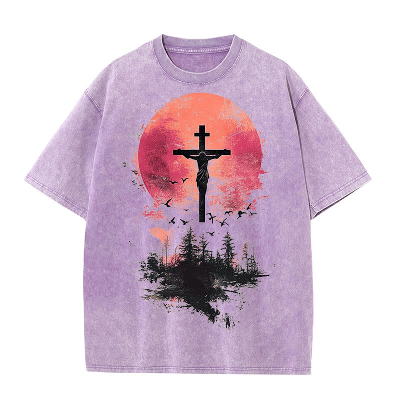 Christianartworkshop Divino Crocifisso su Paesaggio Naturale T-shirt unisex lavata - Viola - 5XL - image 0