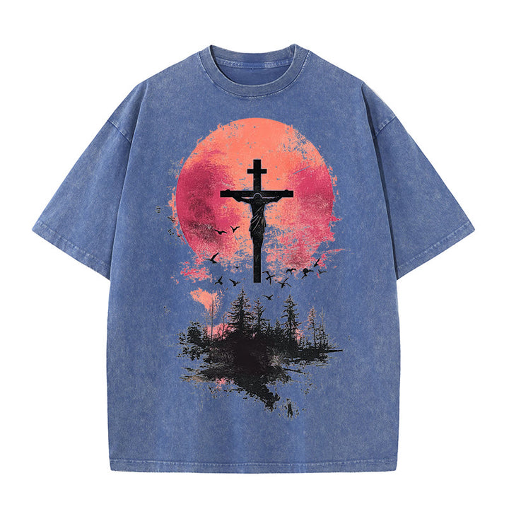 Christianartworkshop Divino Crocifisso su Paesaggio Naturale T-shirt unisex lavata - Blu - 5XL - image 9