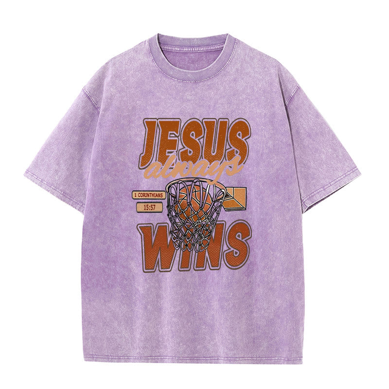 Christianartworkshop Maglietta unisex lavata con grafica Jesus Always Wins Basketball - Viola - 5XL - image 3