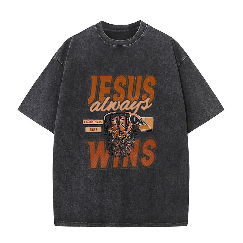 Christianartworkshop Maglietta unisex lavata con grafica Jesus Always Wins Basketball - Nero - 5XL - image 8