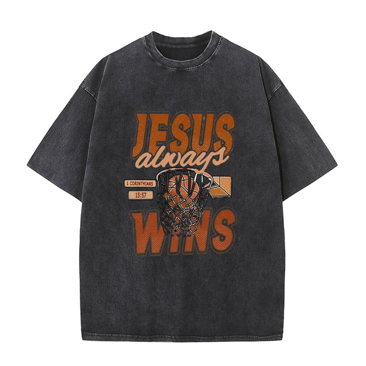Christianartworkshop Maglietta unisex lavata con grafica Jesus Always Wins Basketball - Nero - 5XL - image 8