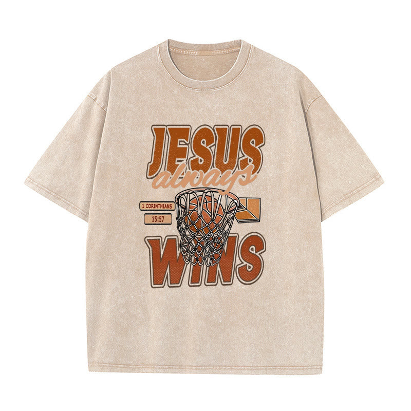 Christianartworkshop Maglietta unisex lavata con grafica Jesus Always Wins Basketball - Albicocca - 5XL - image 0