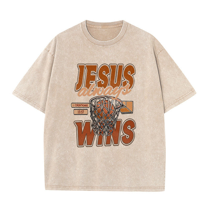 Christianartworkshop Maglietta unisex lavata con grafica Jesus Always Wins Basketball - Albicocca - 5XL - image 0