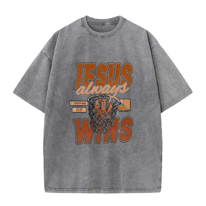 Christianartworkshop Maglietta unisex lavata con grafica Jesus Always Wins Basketball - Grigio - 5XL - image 6