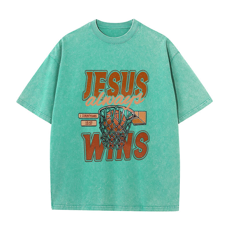 Christianartworkshop Maglietta unisex lavata con grafica Jesus Always Wins Basketball - Verde - 5XL - image 5