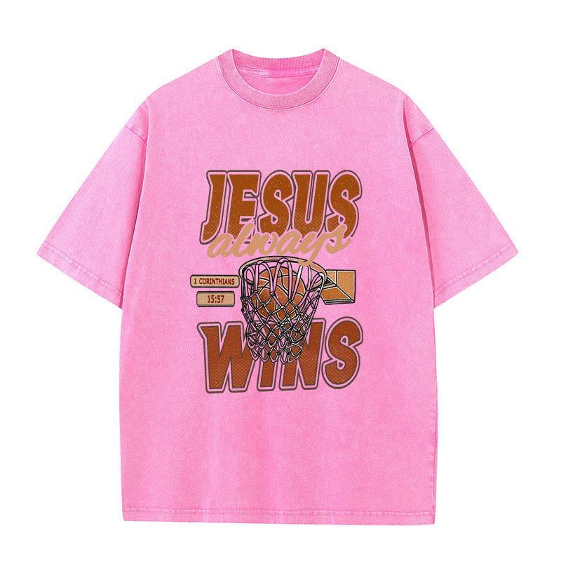 Christianartworkshop Maglietta unisex lavata con grafica Jesus Always Wins Basketball - Rosa - 5XL - image 4