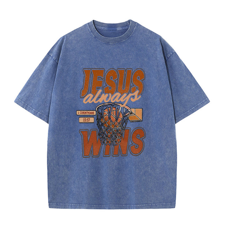 Christianartworkshop Maglietta unisex lavata con grafica Jesus Always Wins Basketball - Blu - 5XL - image 9