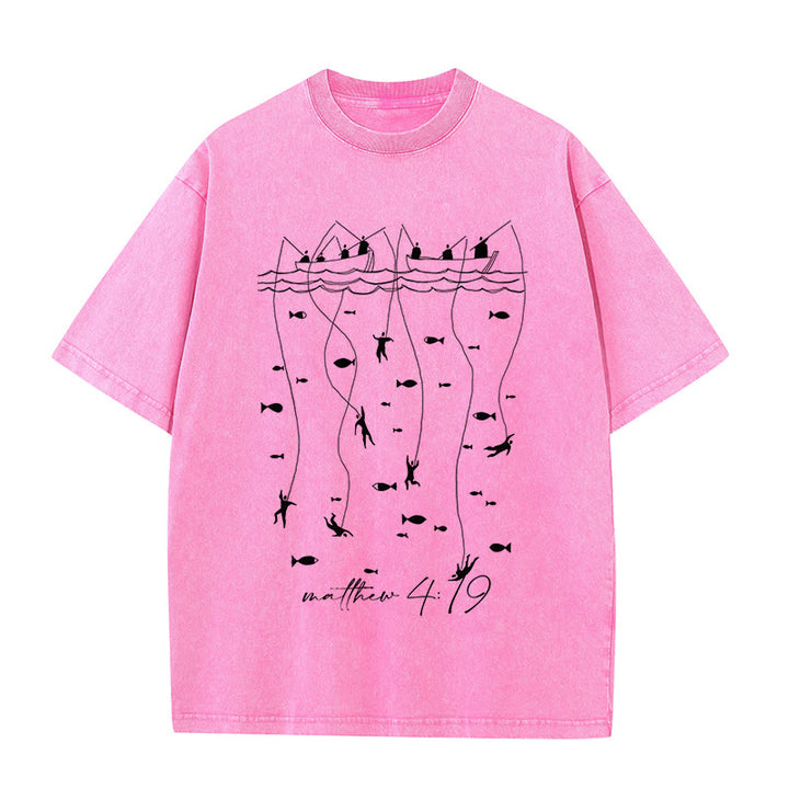 Christianartworkshop Maglietta unisex lavata con narrazione biblica di pesca - Rosa - 5XL - image 8