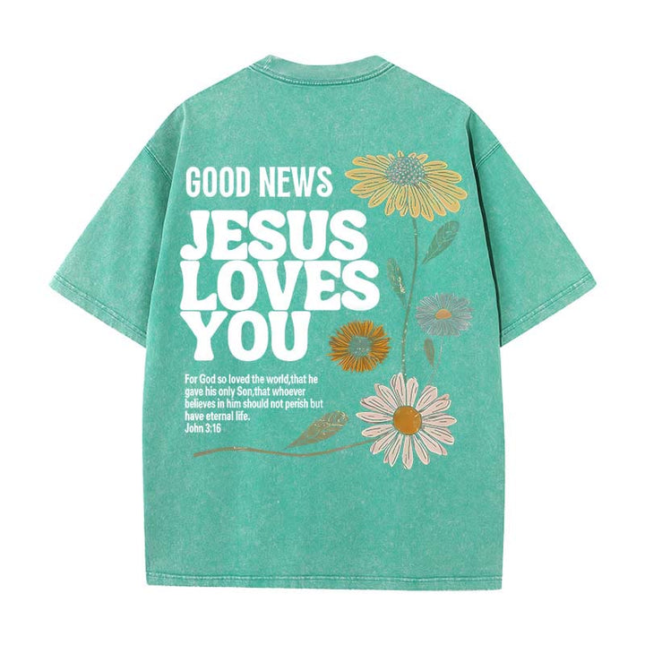 Christianartworkshop Maglietta unisex lavata "Good News Jesus Loves You" - Verde - 5XL - image 11