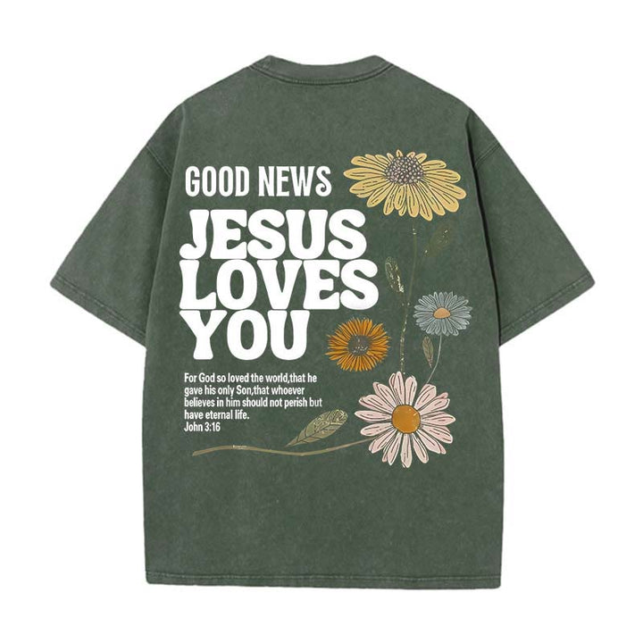 Christianartworkshop Maglietta unisex lavata "Good News Jesus Loves You" - Verde militare - 5XL - image 13