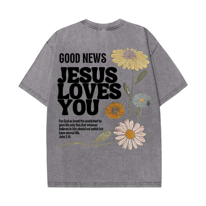 Christianartworkshop Maglietta unisex lavata "Good News Jesus Loves You" - Grigio - 5XL - image 15