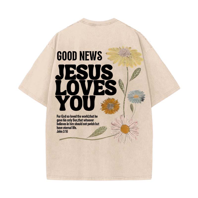 Christianartworkshop Maglietta unisex lavata "Good News Jesus Loves You" - Albicocca - 5XL - image 17