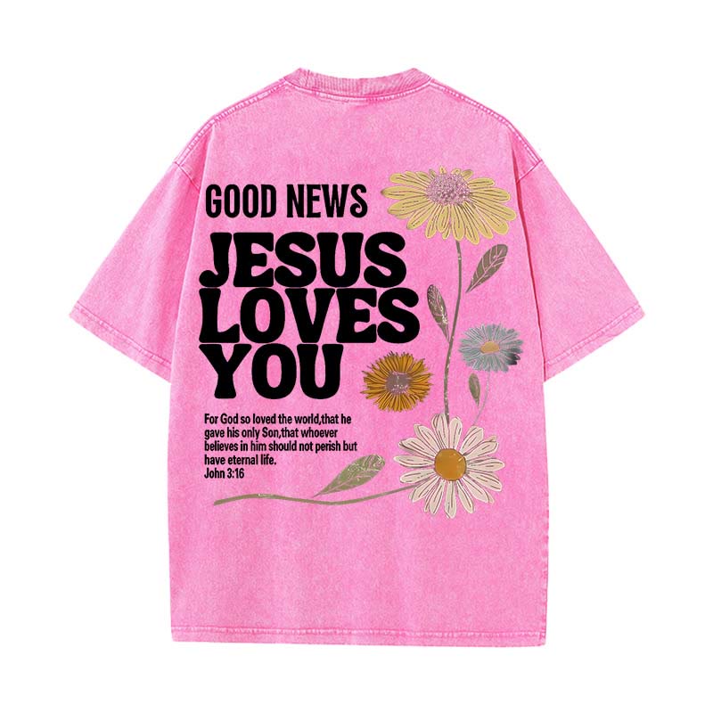 Christianartworkshop Maglietta unisex lavata "Good News Jesus Loves You" - Rosa - 5XL - image 9