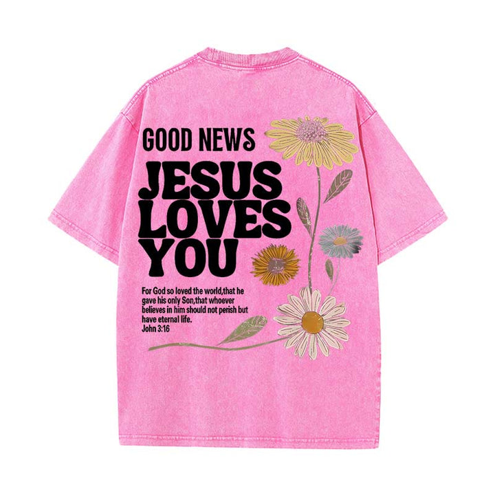 Christianartworkshop Maglietta unisex lavata "Good News Jesus Loves You" - Rosa - 5XL - image 9