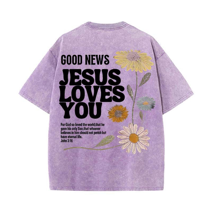 Christianartworkshop Maglietta unisex lavata "Good News Jesus Loves You" - Viola - 5XL - image 0