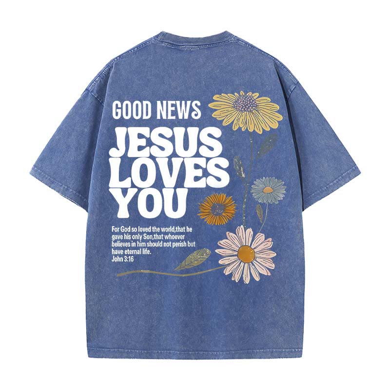 Christianartworkshop Maglietta unisex lavata "Good News Jesus Loves You" - Blu - 5XL - image 7