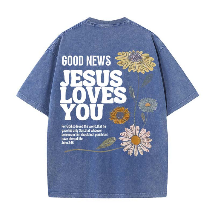 Christianartworkshop Maglietta unisex lavata "Good News Jesus Loves You" - Blu - 5XL - image 7