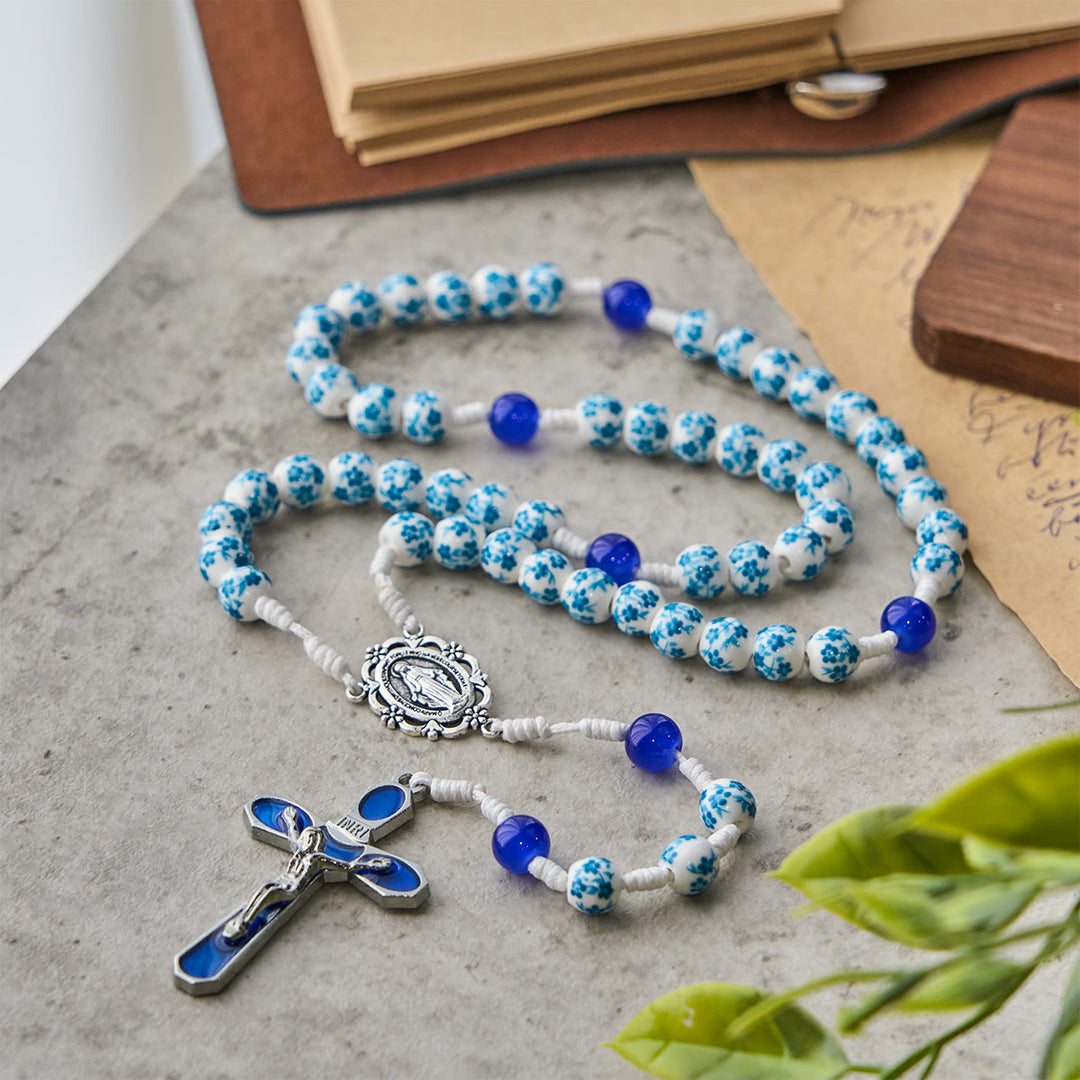 Rosario con perline a forma di fiore blu Christianartworkshop , medaglia miracolosa e crocifisso - image 4