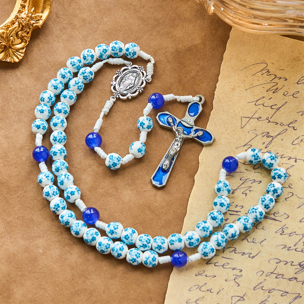 Rosario con perline a forma di fiore blu Christianartworkshop , medaglia miracolosa e crocifisso - image 1