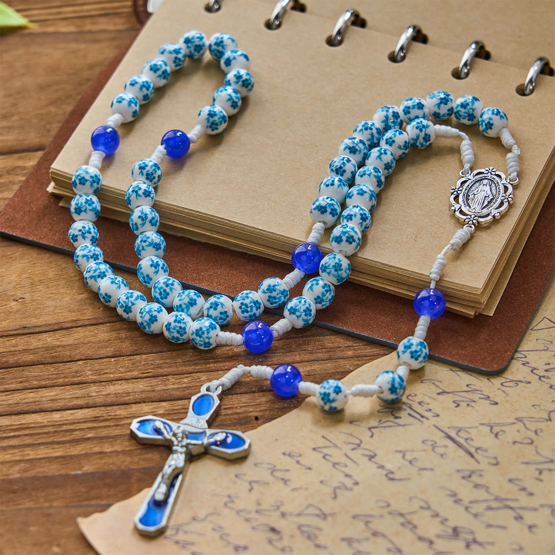Rosario con perline a forma di fiore blu Christianartworkshop , medaglia miracolosa e crocifisso - image 2
