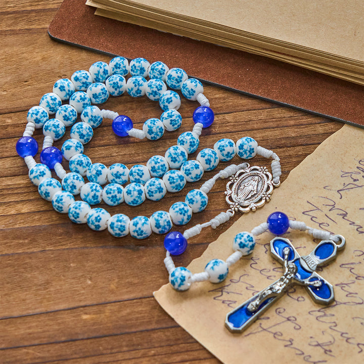 Rosario con perline a forma di fiore blu Christianartworkshop , medaglia miracolosa e crocifisso - image 3