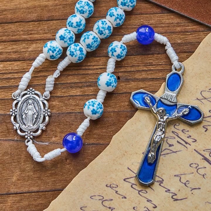 Rosario con perline a forma di fiore blu Christianartworkshop , medaglia miracolosa e crocifisso - image 5