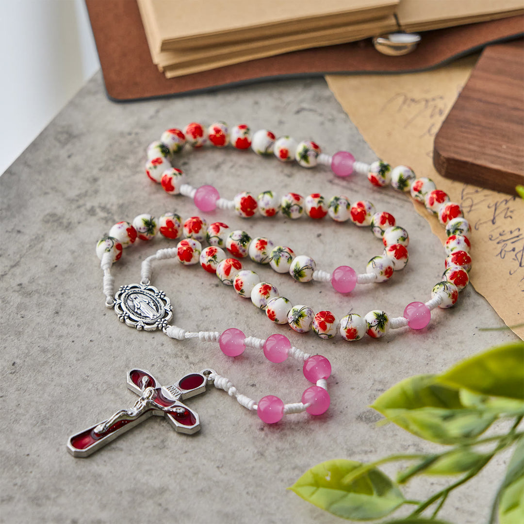 Rosario con perline rotonde a forma di fiore da 8 mm Christianartworkshop , medaglia miracolosa e crocifisso in smalto rosso - image 3