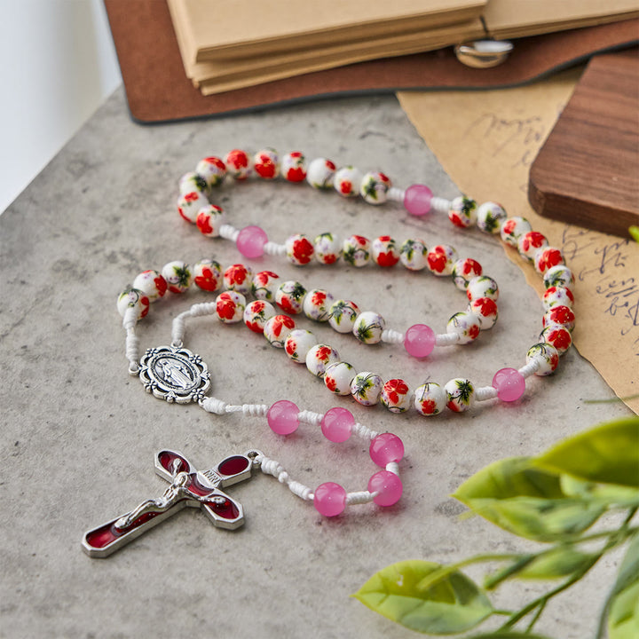 Rosario con perline rotonde a forma di fiore da 8 mm Christianartworkshop , medaglia miracolosa e crocifisso in smalto rosso - image 3