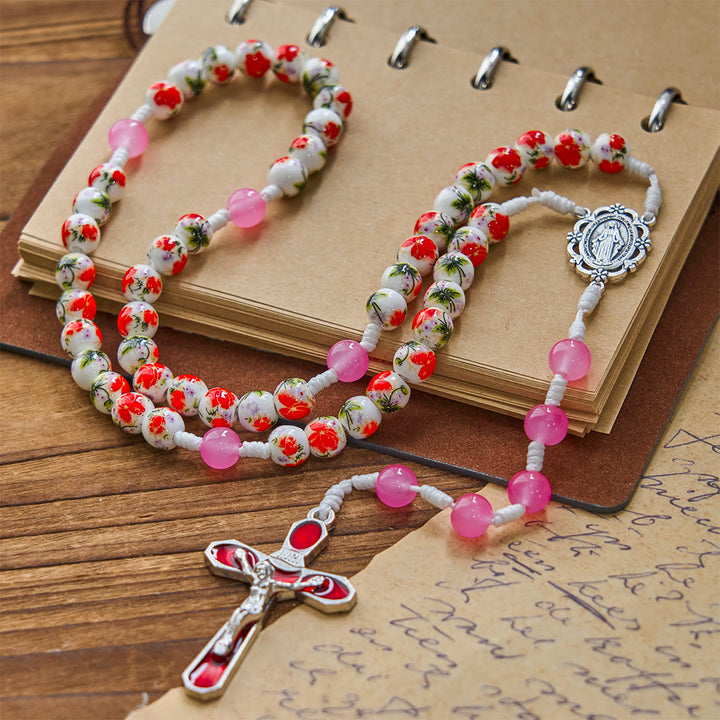 Rosario con perline rotonde a forma di fiore da 8 mm Christianartworkshop , medaglia miracolosa e crocifisso in smalto rosso - Medaglia miracolosa e crocifisso - image 0