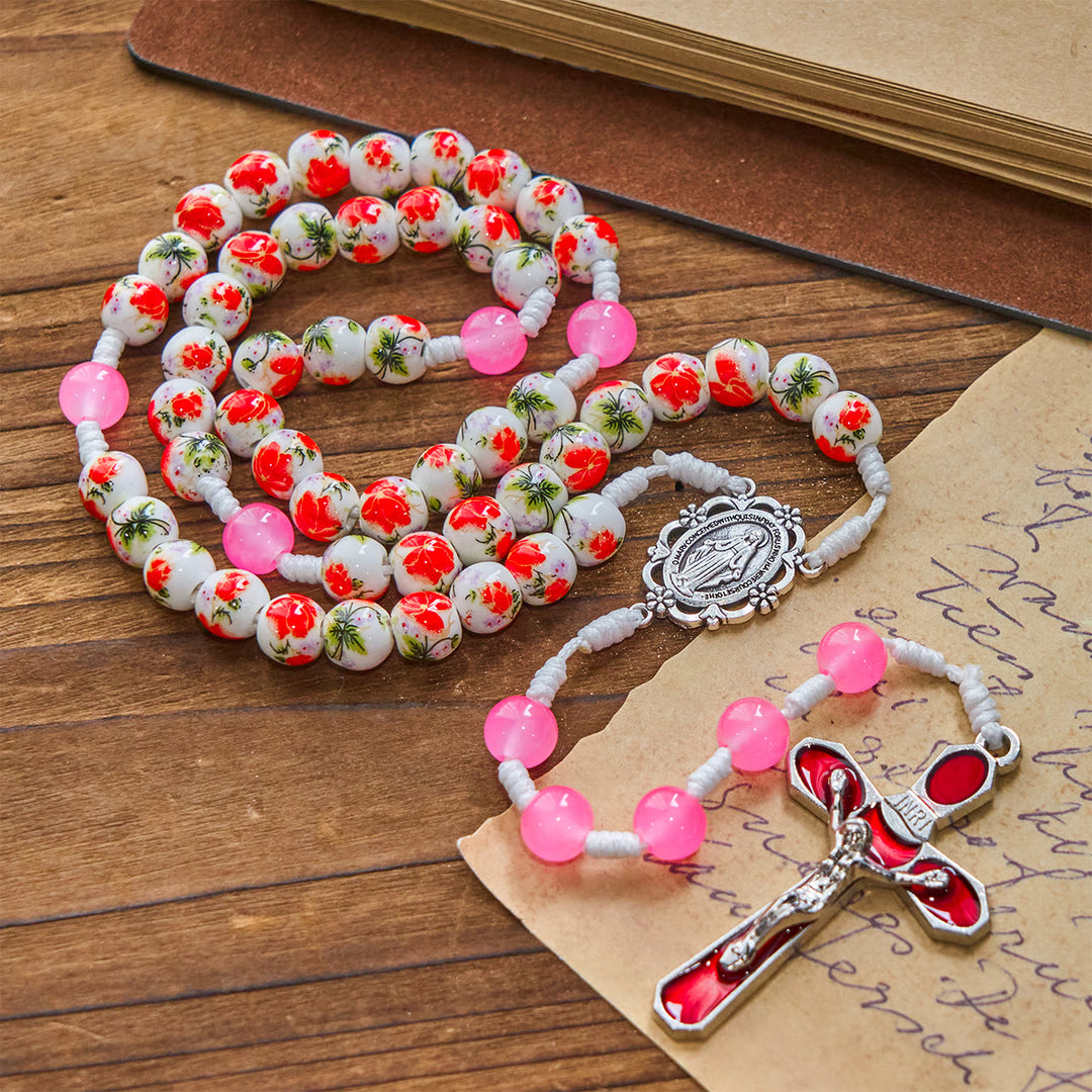 Rosario con perline rotonde a forma di fiore da 8 mm Christianartworkshop , medaglia miracolosa e crocifisso in smalto rosso - image 2